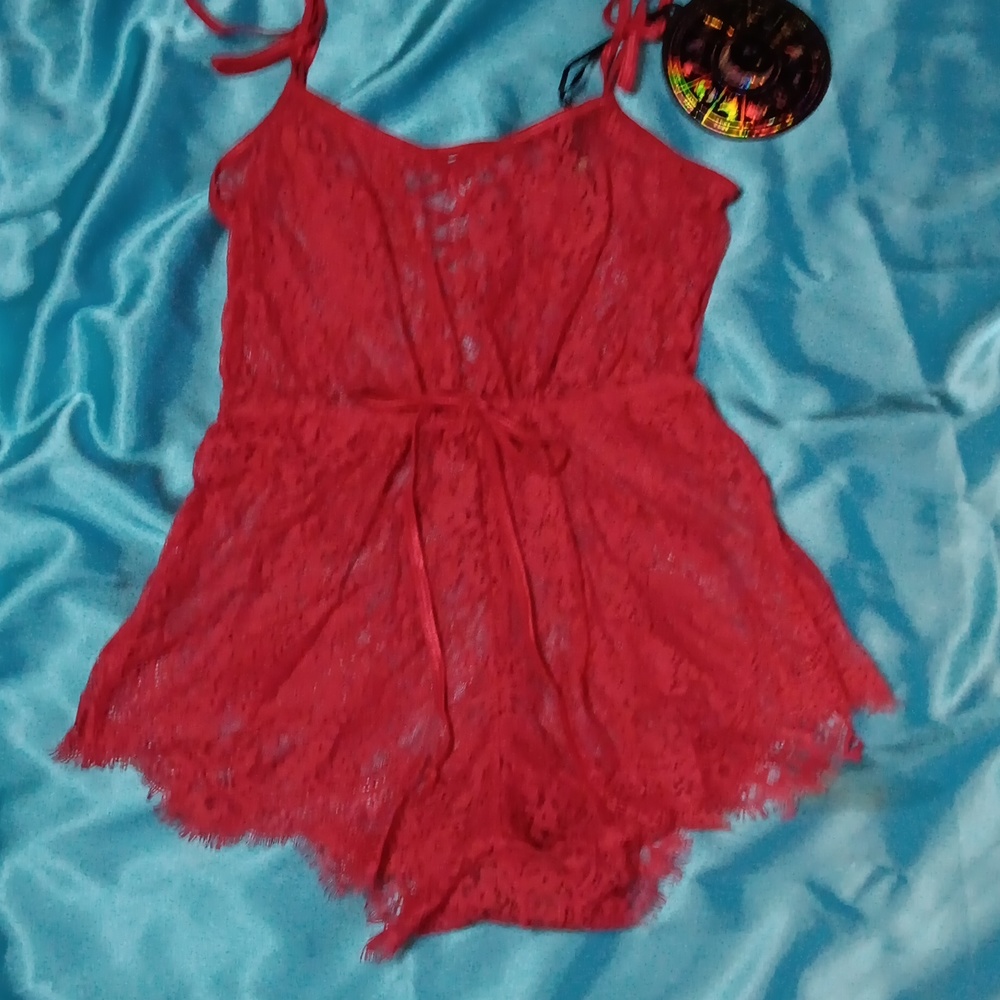 Dolls Kill × Horoscopez Red Lace Romper With Drawstring Waistline (M)